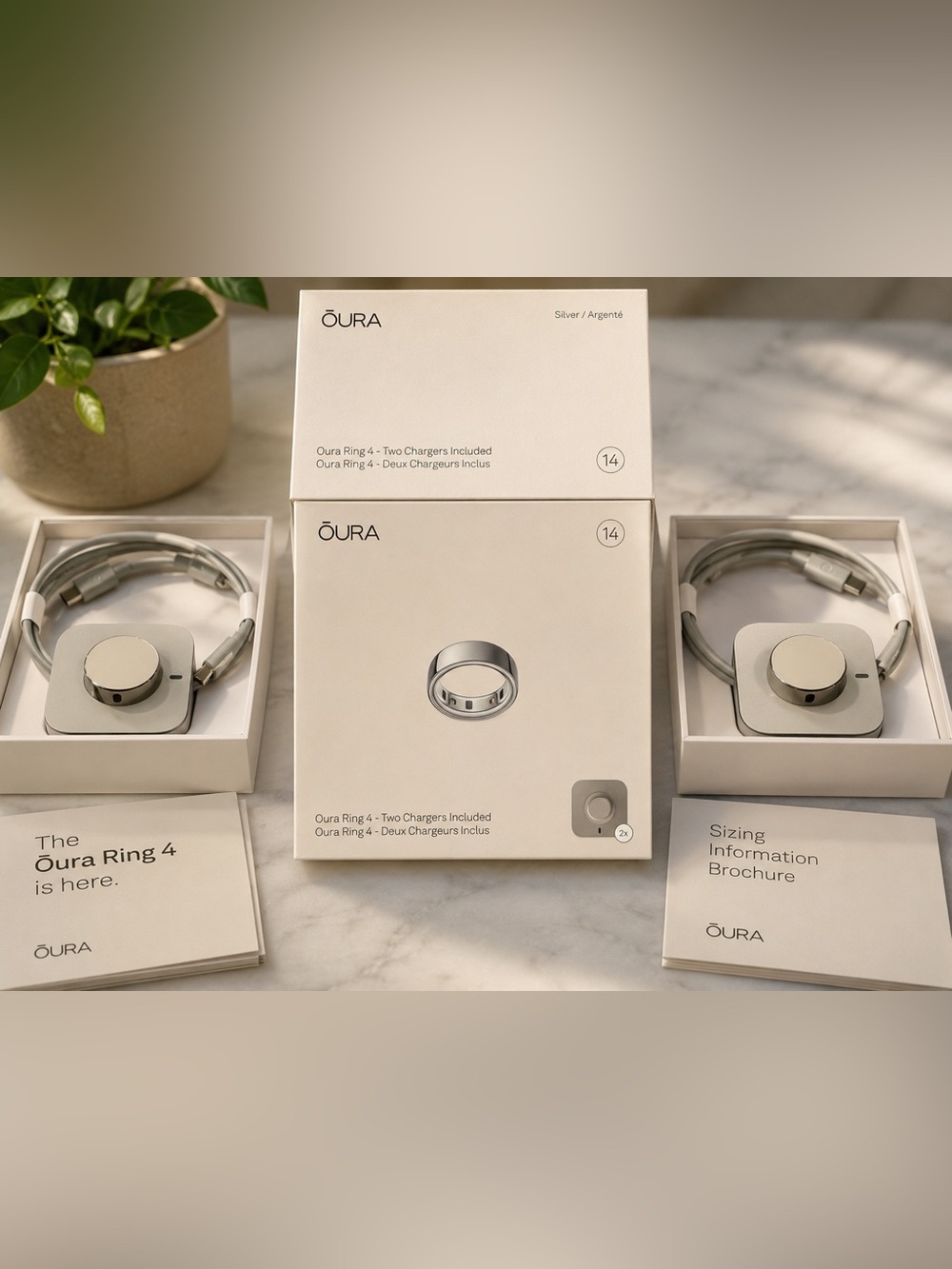 Oura Ring 4 Silver Size 14 Smart Ring Bundle w/ TWO Chargers & USB-C Cables